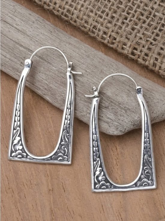 Anthropologie Jewelry - Ondine Branch Bud Bloom Floral Vine Embossed Arched Window Rectangle Garden Hoop